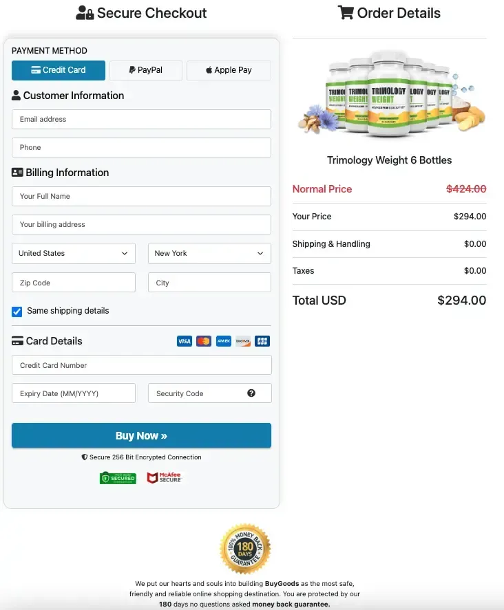 Trimology official website pricing and checkout page for Trimology weight loss supplement